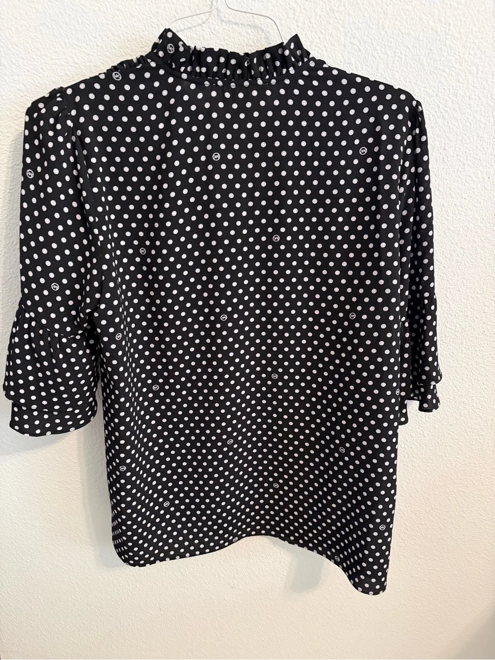 Michael Kors Black and White Polka Dot V-Neck Ruffle Blouse